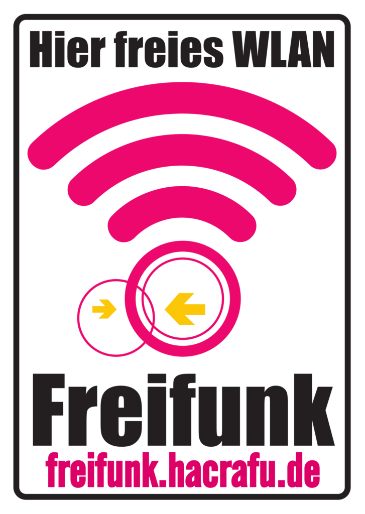 Das Bild zeigt den Sticker, der in der Öffentlichkeit auf das lokale Freifunkangebot hinweist. Der WLAN-Name vor Ort ist freifunk.hacrafu.de